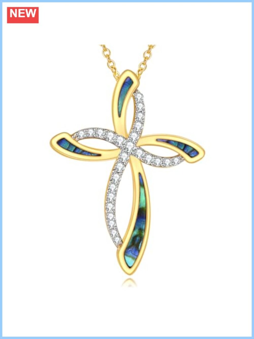 14k Gold-Plated Abalone Shell Cross Necklace Lab Created Diamond 18in